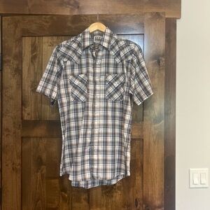 Vintage snap button short sleeve shirt. Brown plaid. Light weight fabric.